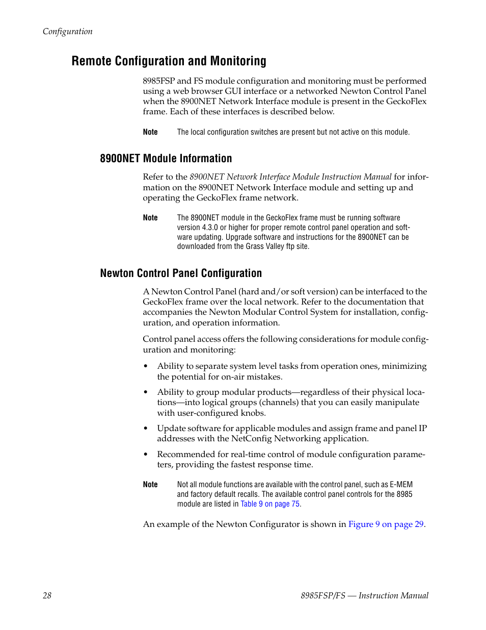 Remote configuration and monitoring, 8900net module information, Newton control panel configuration | Grass Valley 8985FS v.1.3.2 User Manual | Page 28 / 82