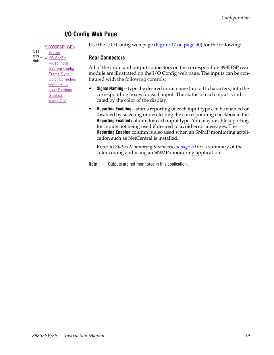 I/o config web page | Grass Valley 8985FS v.1.3.2 User Manual | Page 39 / 82