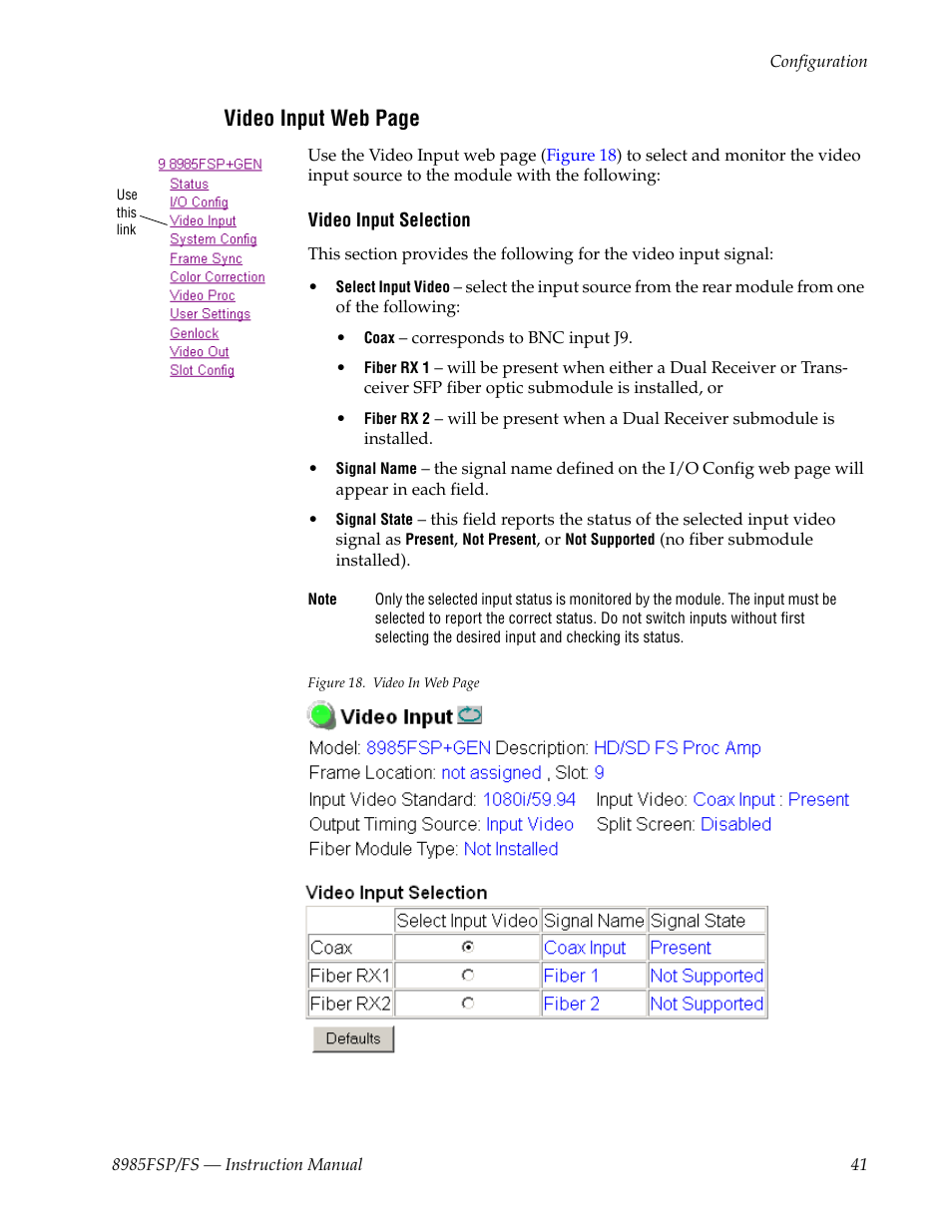 Video input web page | Grass Valley 8985FS v.1.3.2 User Manual | Page 41 / 82