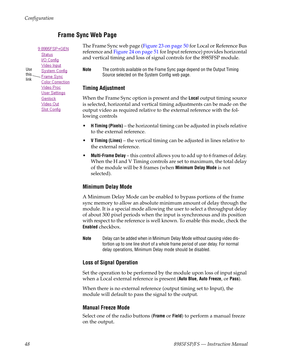 Frame sync web page | Grass Valley 8985FS v.1.3.2 User Manual | Page 48 / 82