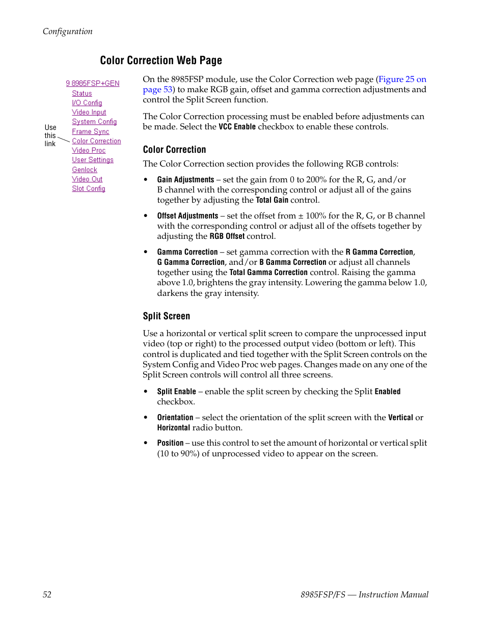 Color correction web page | Grass Valley 8985FS v.1.3.2 User Manual | Page 52 / 82