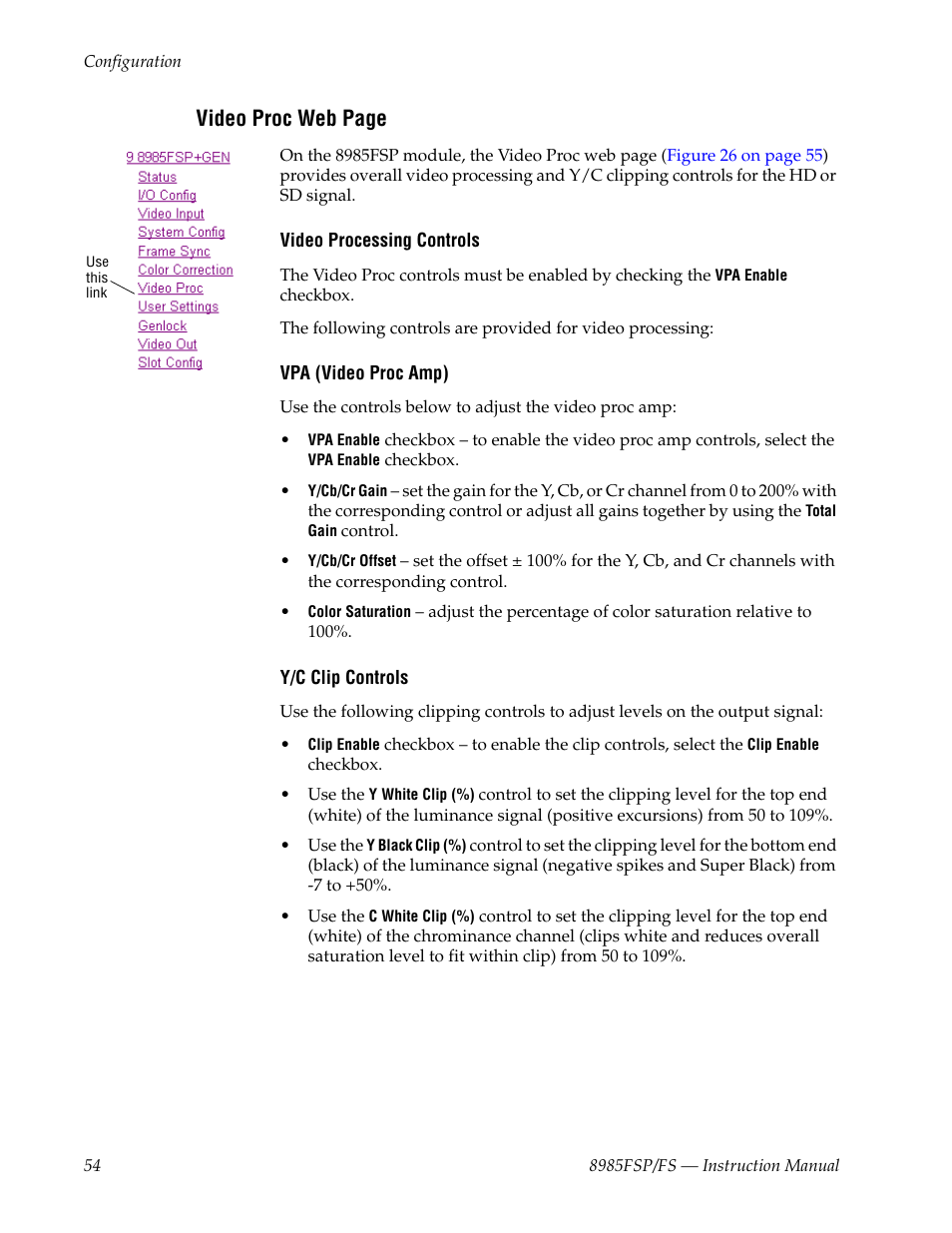 Video proc web page | Grass Valley 8985FS v.1.3.2 User Manual | Page 54 / 82