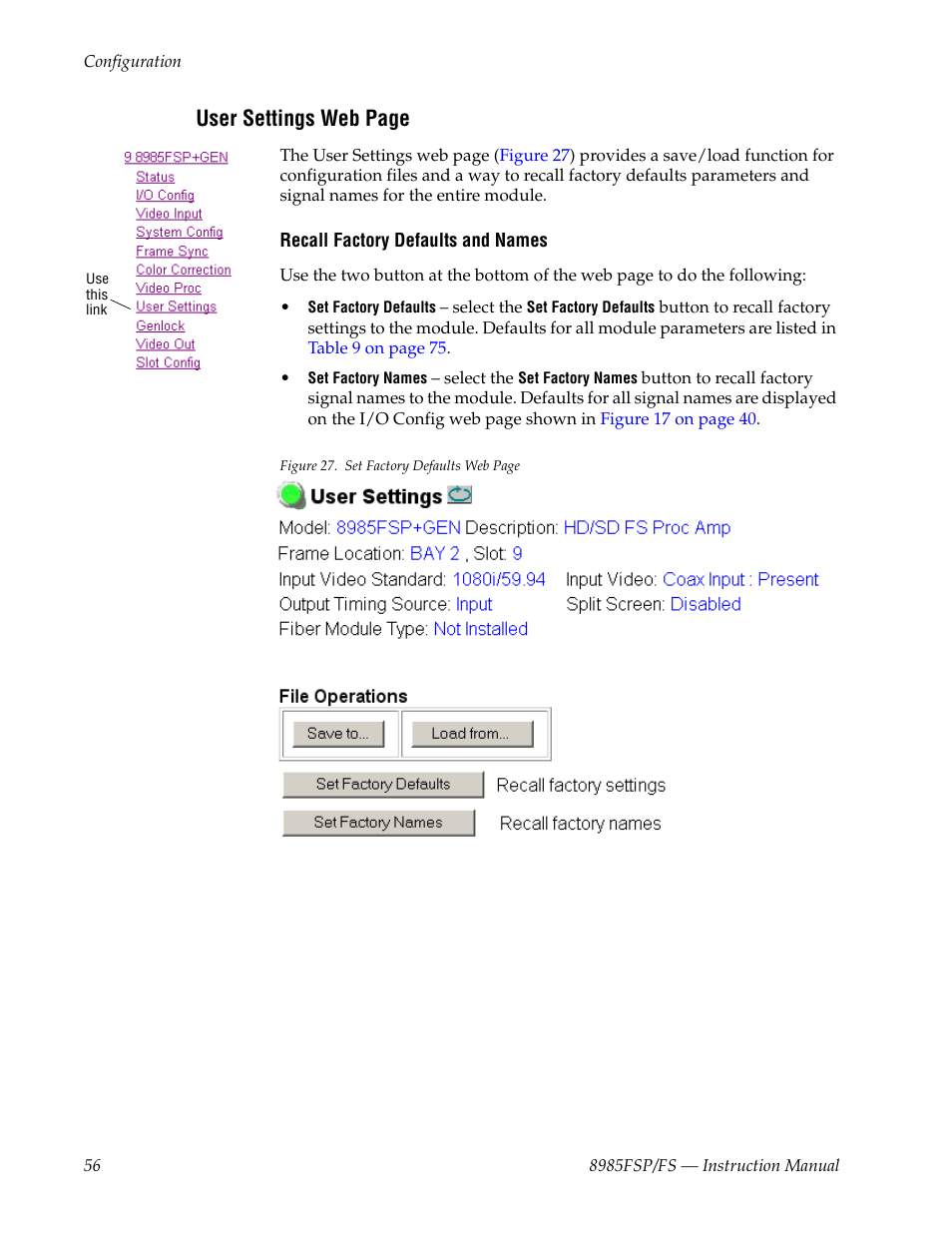 User settings web page | Grass Valley 8985FS v.1.3.2 User Manual | Page 56 / 82
