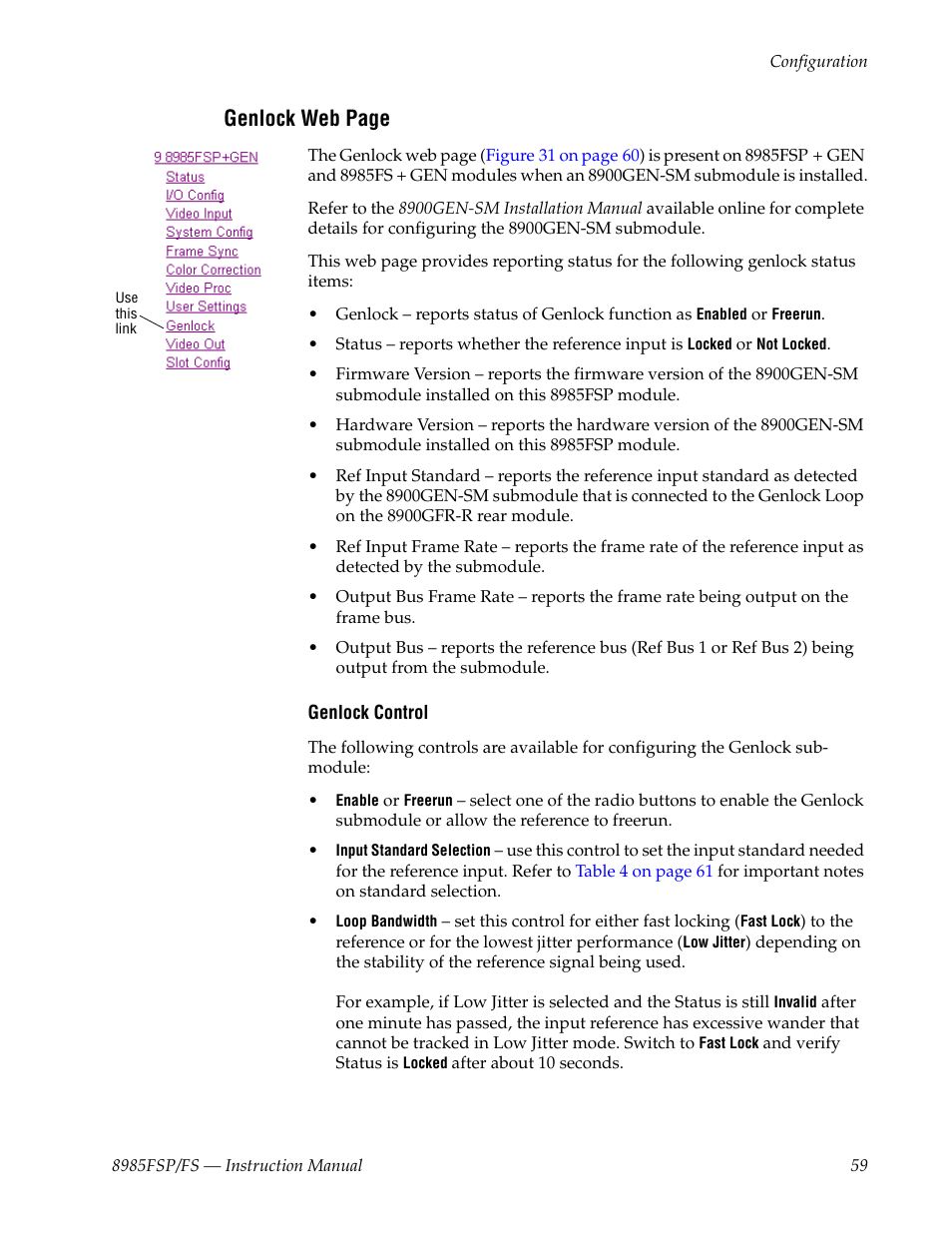 Genlock web page | Grass Valley 8985FS v.1.3.2 User Manual | Page 59 / 82