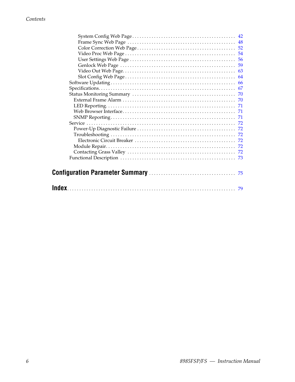 Configuration parameter summary, Index | Grass Valley 8985FS v.1.3.2 User Manual | Page 6 / 82