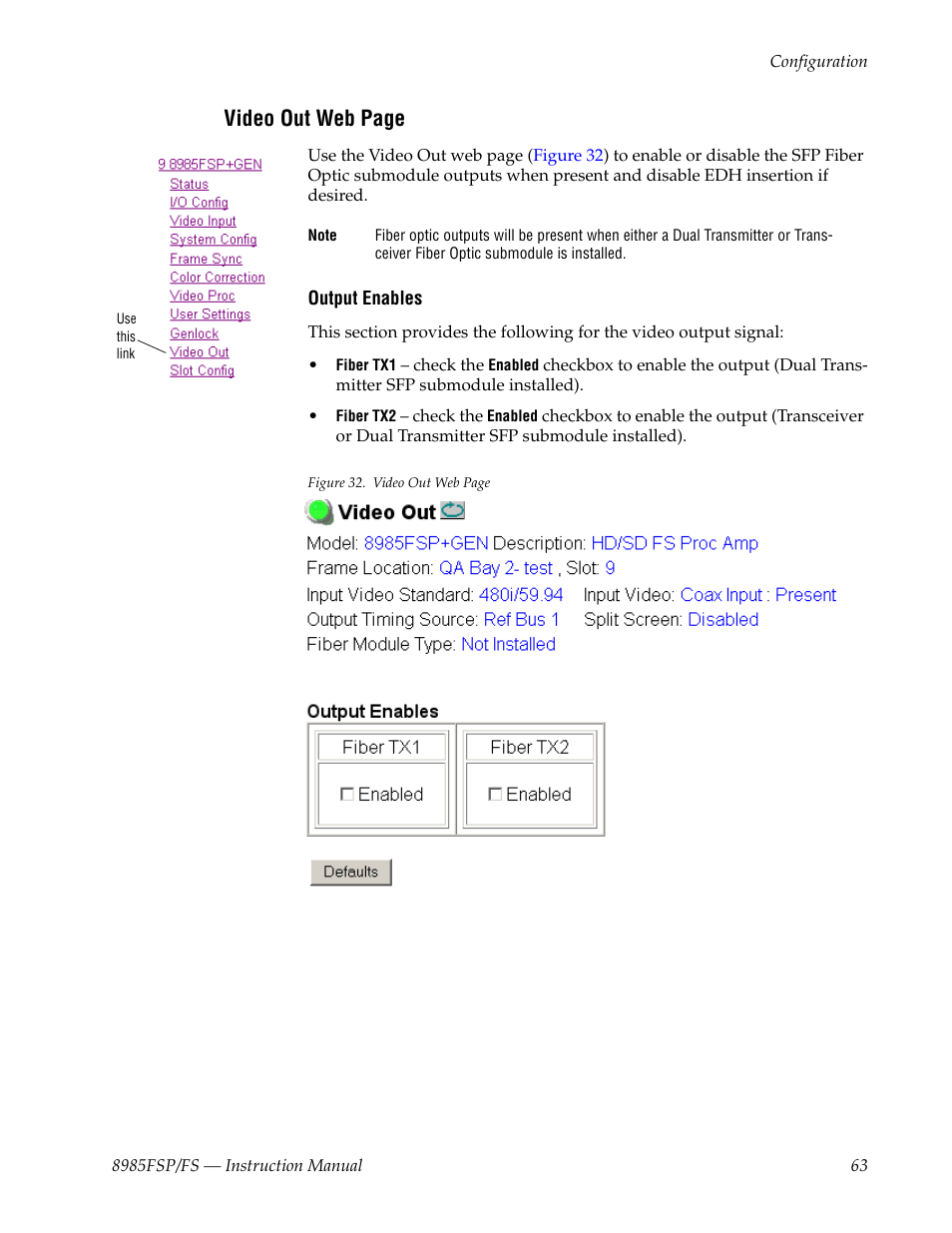 Video out web page | Grass Valley 8985FS v.1.3.2 User Manual | Page 63 / 82