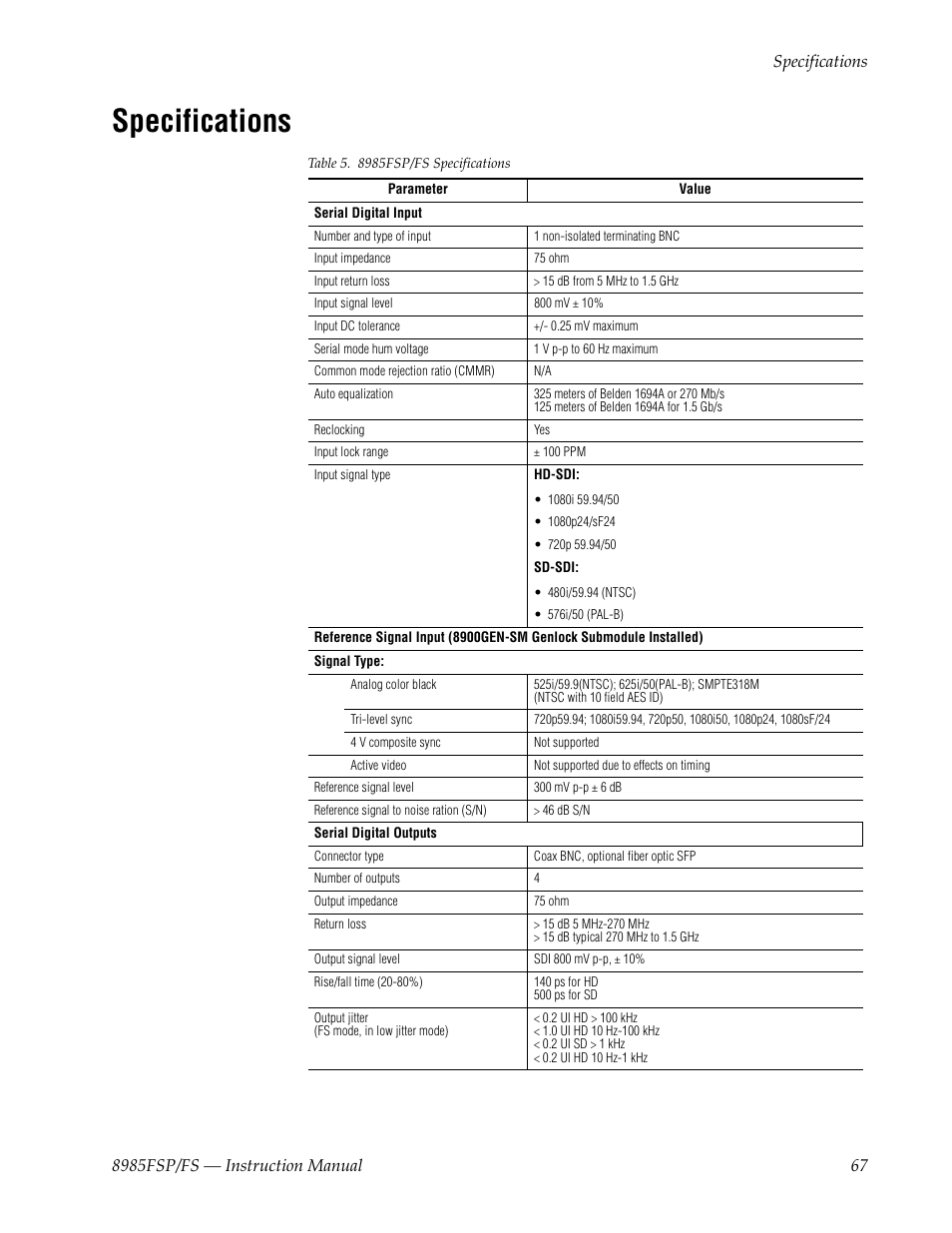 Specifications | Grass Valley 8985FS v.1.3.2 User Manual | Page 67 / 82