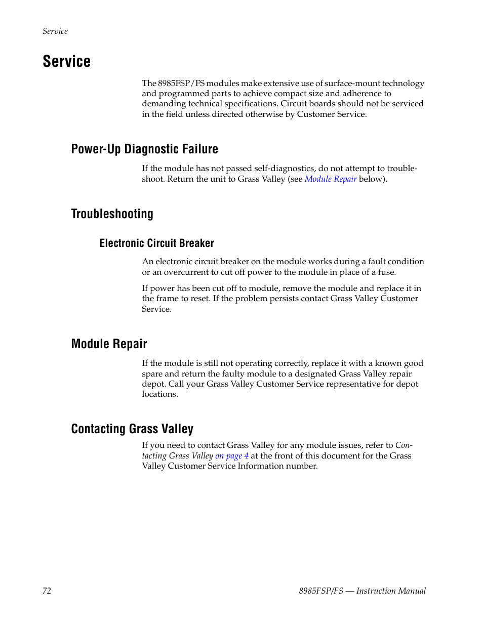 Service, Power-up diagnostic failure, Troubleshooting | Electronic circuit breaker, Module repair, Contacting grass valley | Grass Valley 8985FS v.1.3.2 User Manual | Page 72 / 82