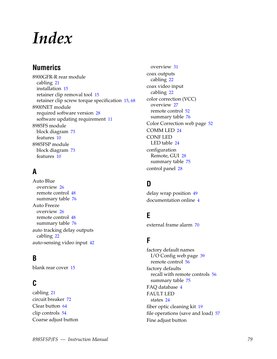 Index, Numerics | Grass Valley 8985FS v.1.3.2 User Manual | Page 79 / 82