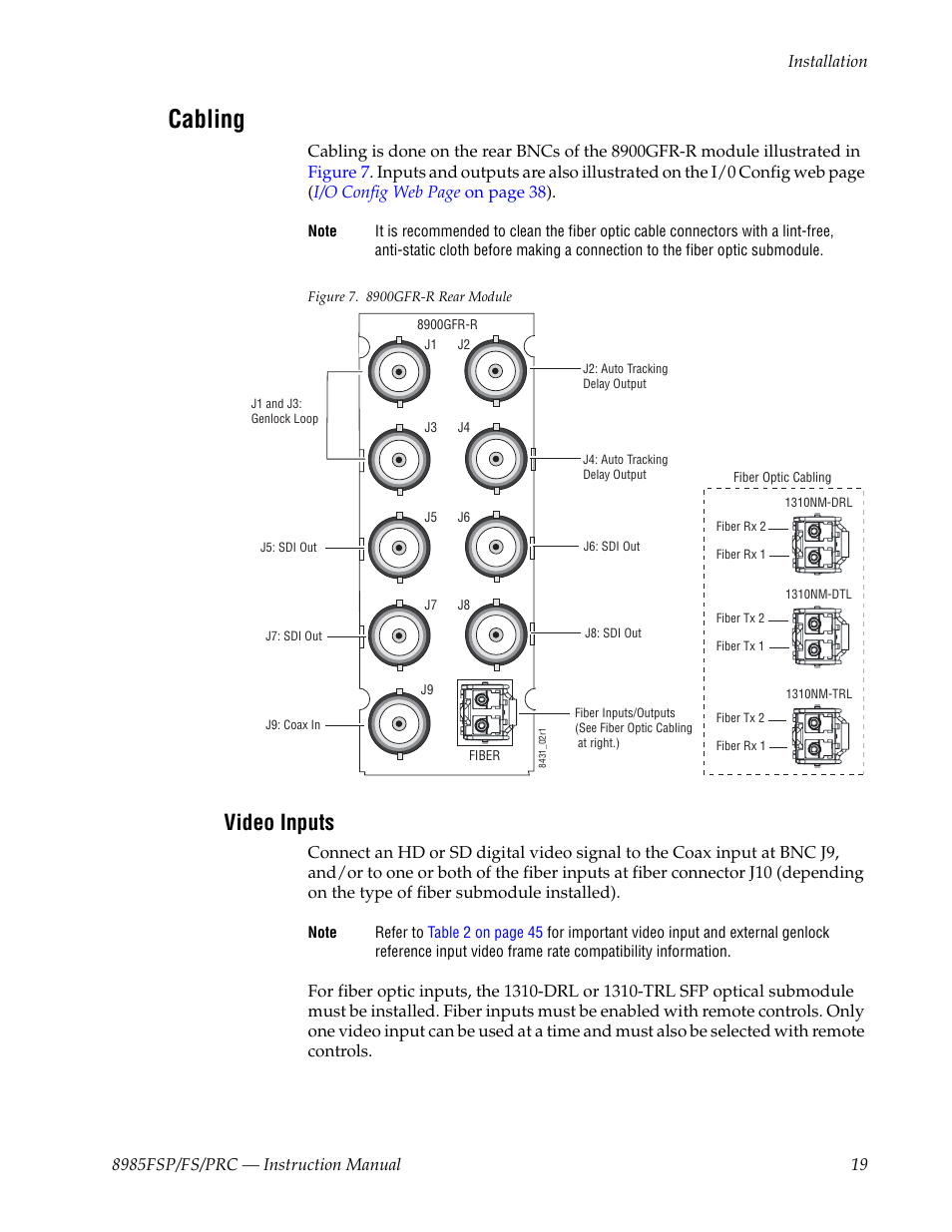 Cabling, Video inputs | Grass Valley 8985FS v.1.2.0 User Manual | Page 19 / 84