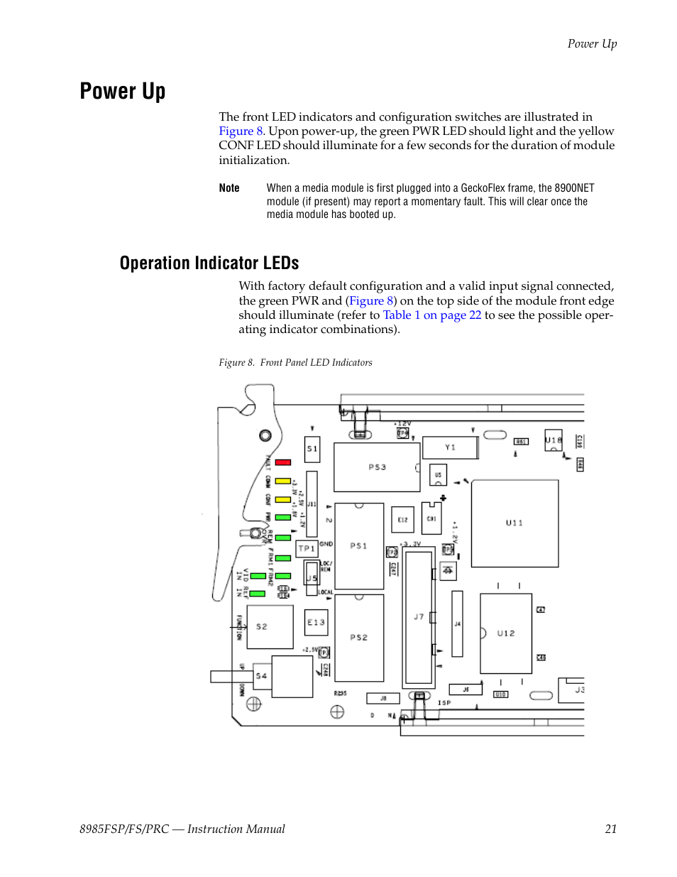 Power up, Operation indicator leds | Grass Valley 8985FS v.1.2.0 User Manual | Page 21 / 84