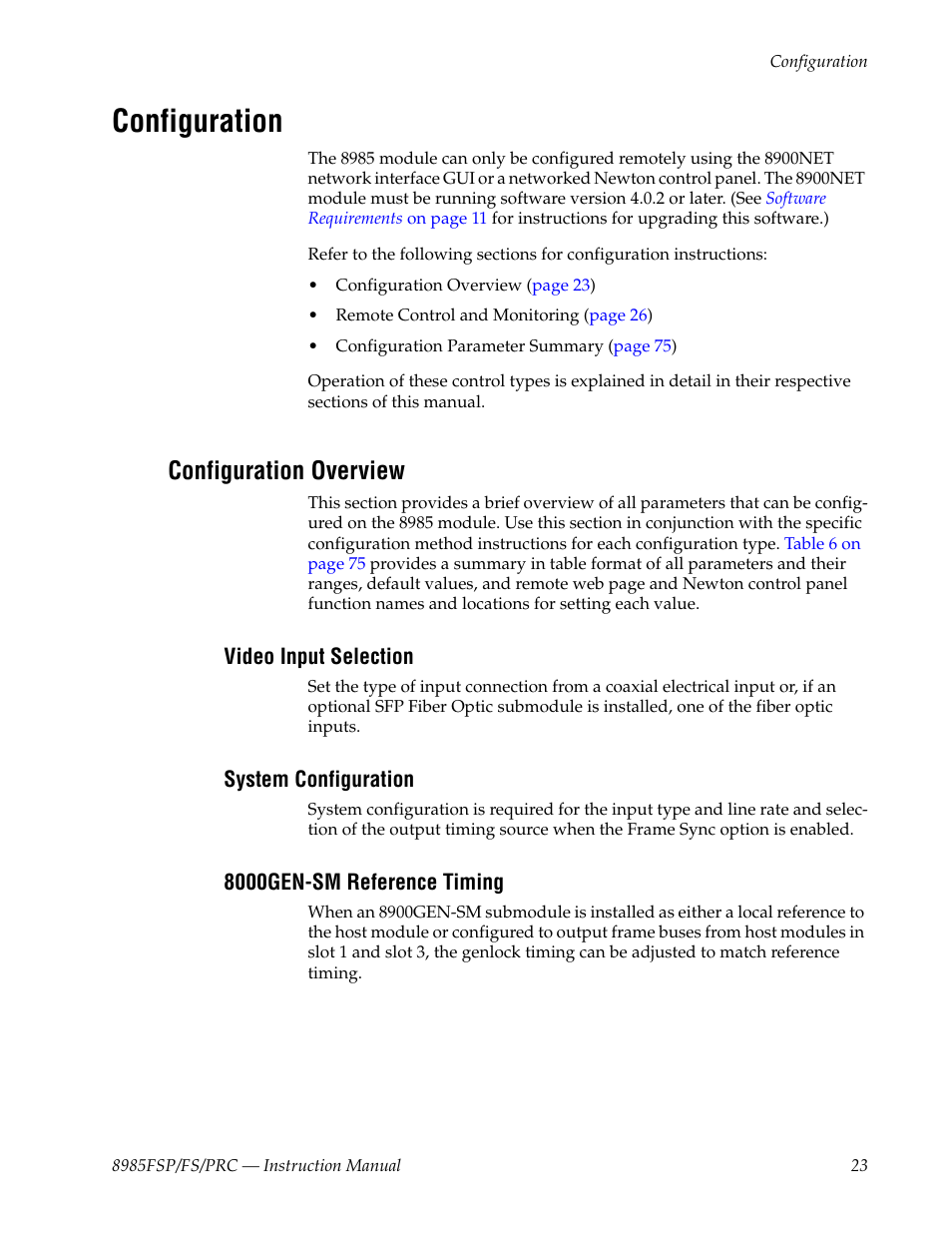 Configuration, Configuration overview, Video input selection | System configuration, 8000gen-sm reference timing | Grass Valley 8985FS v.1.2.0 User Manual | Page 23 / 84