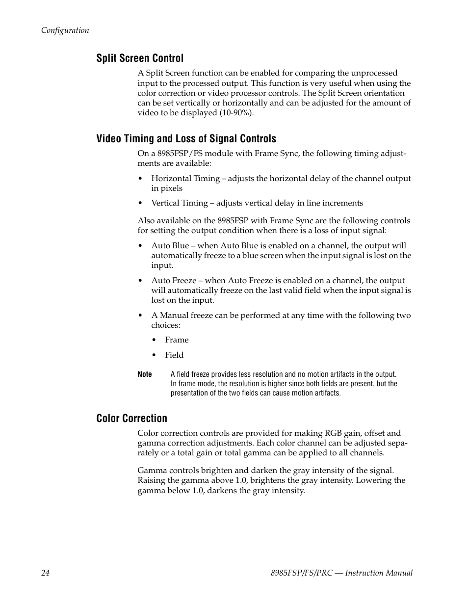 Split screen control, Video timing and loss of signal controls, Color correction | Grass Valley 8985FS v.1.2.0 User Manual | Page 24 / 84