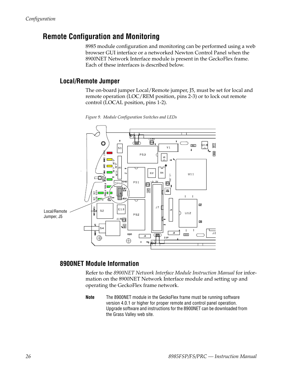 Remote configuration and monitoring, Local/remote jumper, 8900net module information | Grass Valley 8985FS v.1.2.0 User Manual | Page 26 / 84