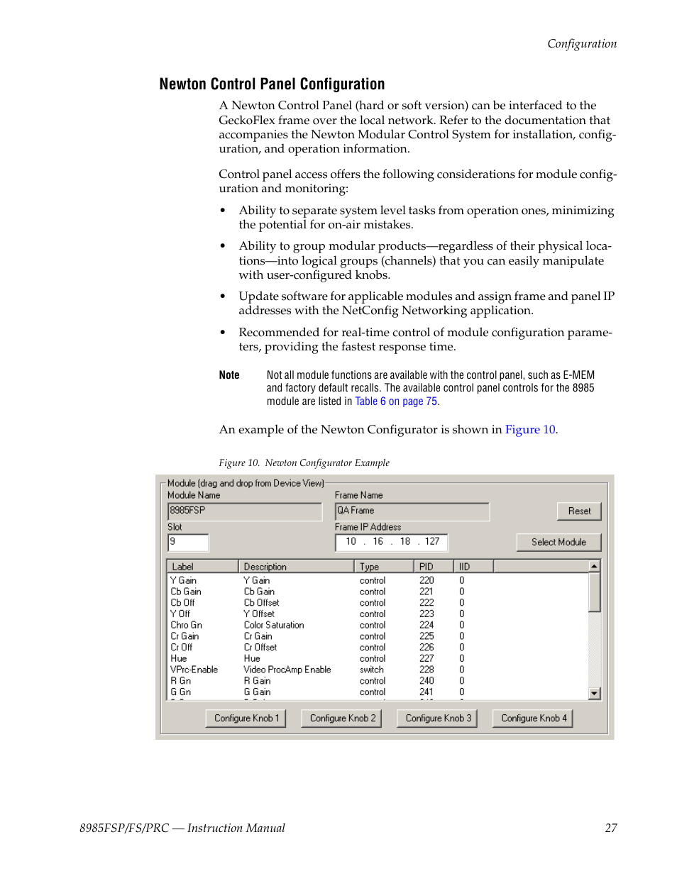 Newton control panel configuration | Grass Valley 8985FS v.1.2.0 User Manual | Page 27 / 84