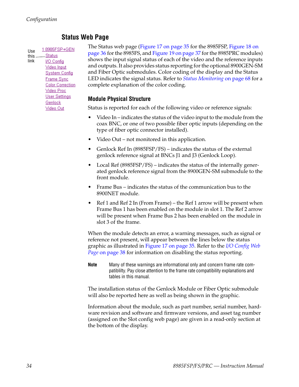 Status web page | Grass Valley 8985FS v.1.2.0 User Manual | Page 34 / 84