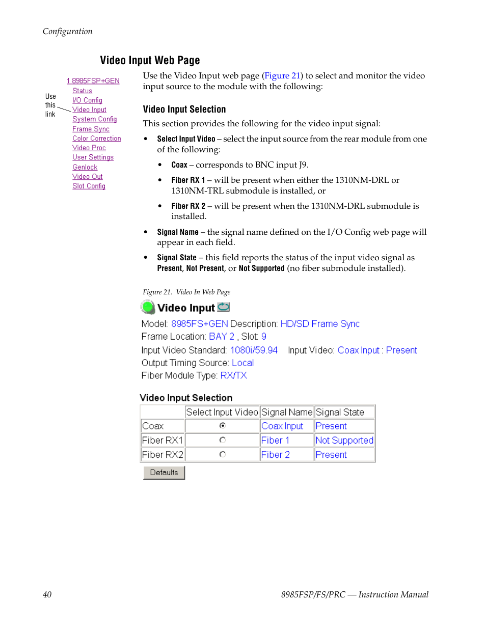 Video input web page | Grass Valley 8985FS v.1.2.0 User Manual | Page 40 / 84