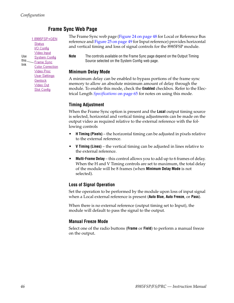 Frame sync web page | Grass Valley 8985FS v.1.2.0 User Manual | Page 46 / 84