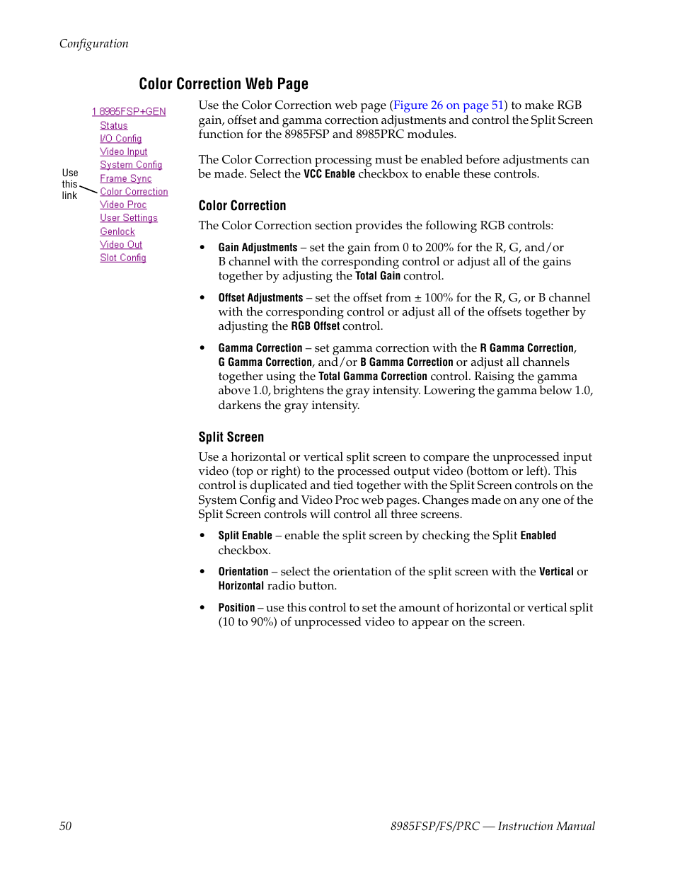 Een function, Color correction web page | Grass Valley 8985FS v.1.2.0 User Manual | Page 50 / 84