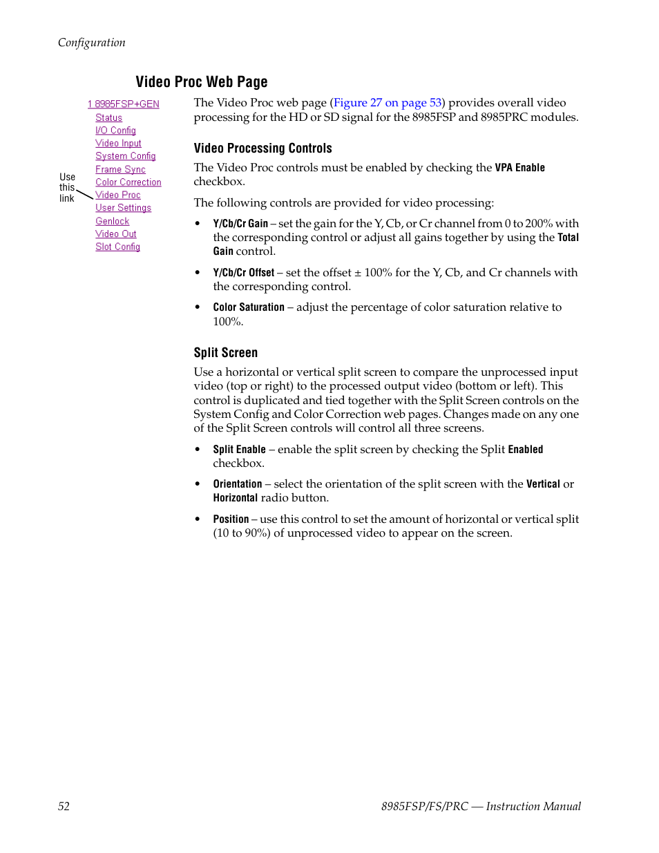 Video proc web page | Grass Valley 8985FS v.1.2.0 User Manual | Page 52 / 84