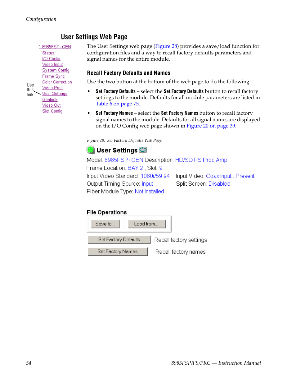 User settings web page | Grass Valley 8985FS v.1.2.0 User Manual | Page 54 / 84