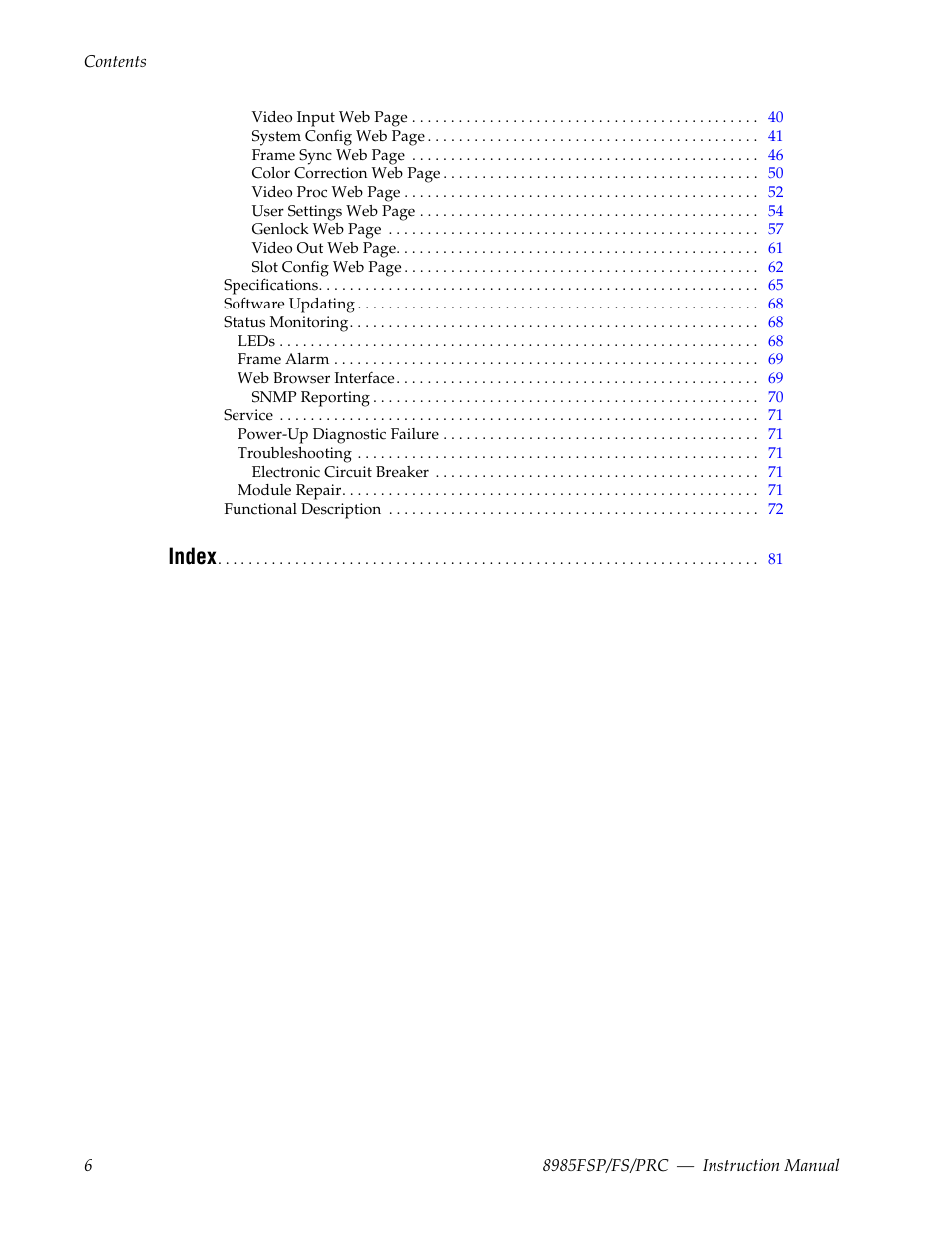 Index | Grass Valley 8985FS v.1.2.0 User Manual | Page 6 / 84