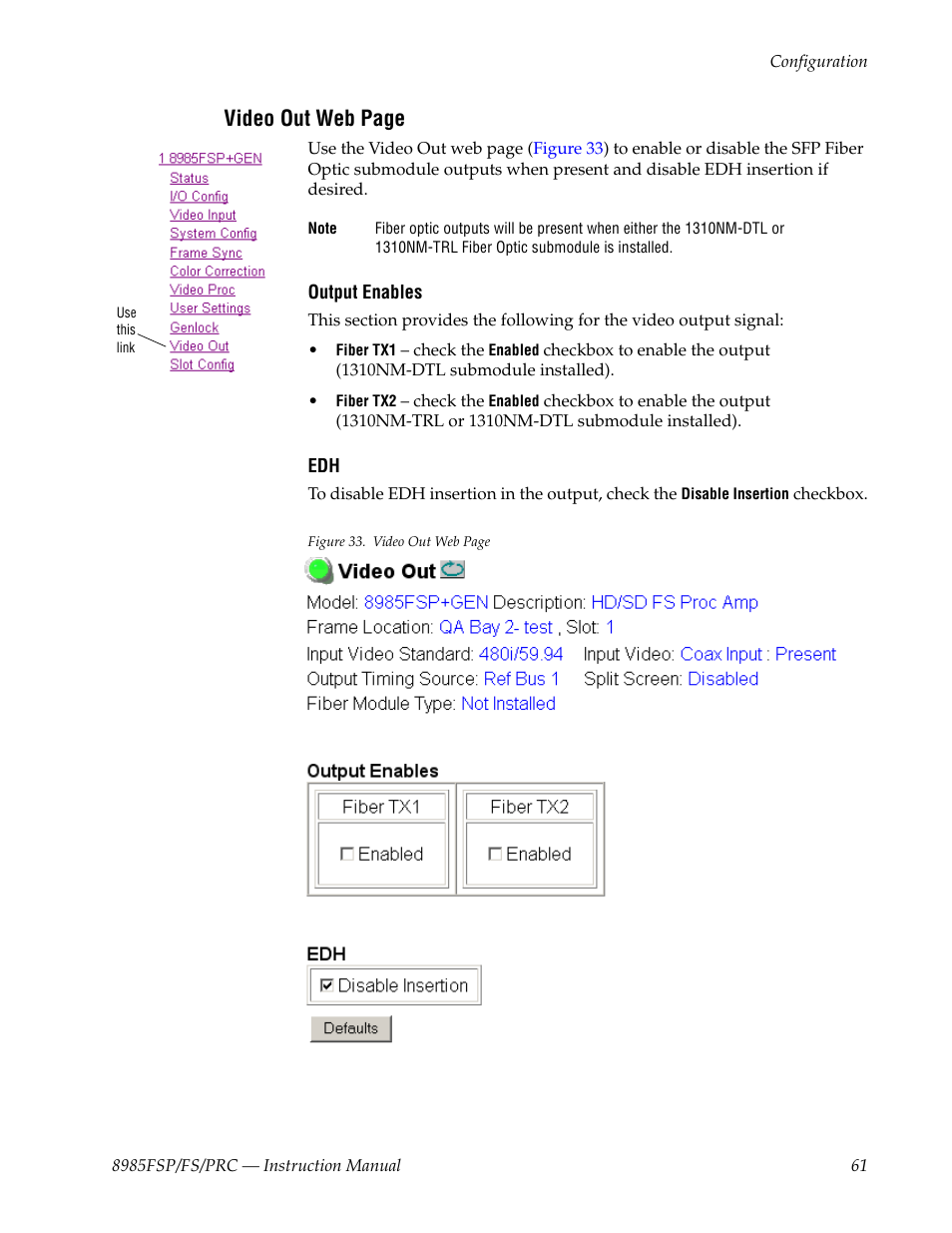 Video out web page | Grass Valley 8985FS v.1.2.0 User Manual | Page 61 / 84