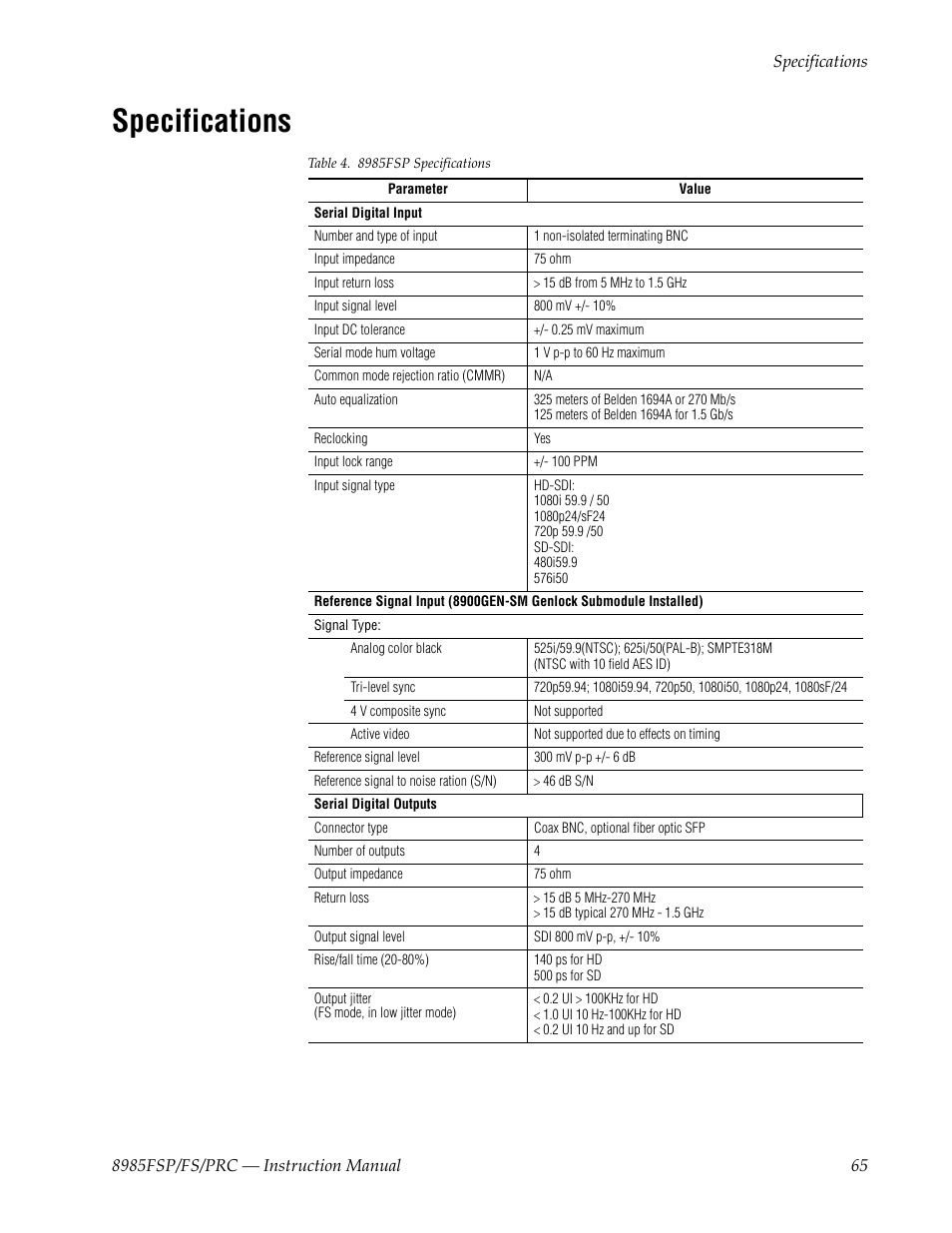 Specifications, Ical length, For notes | Grass Valley 8985FS v.1.2.0 User Manual | Page 65 / 84