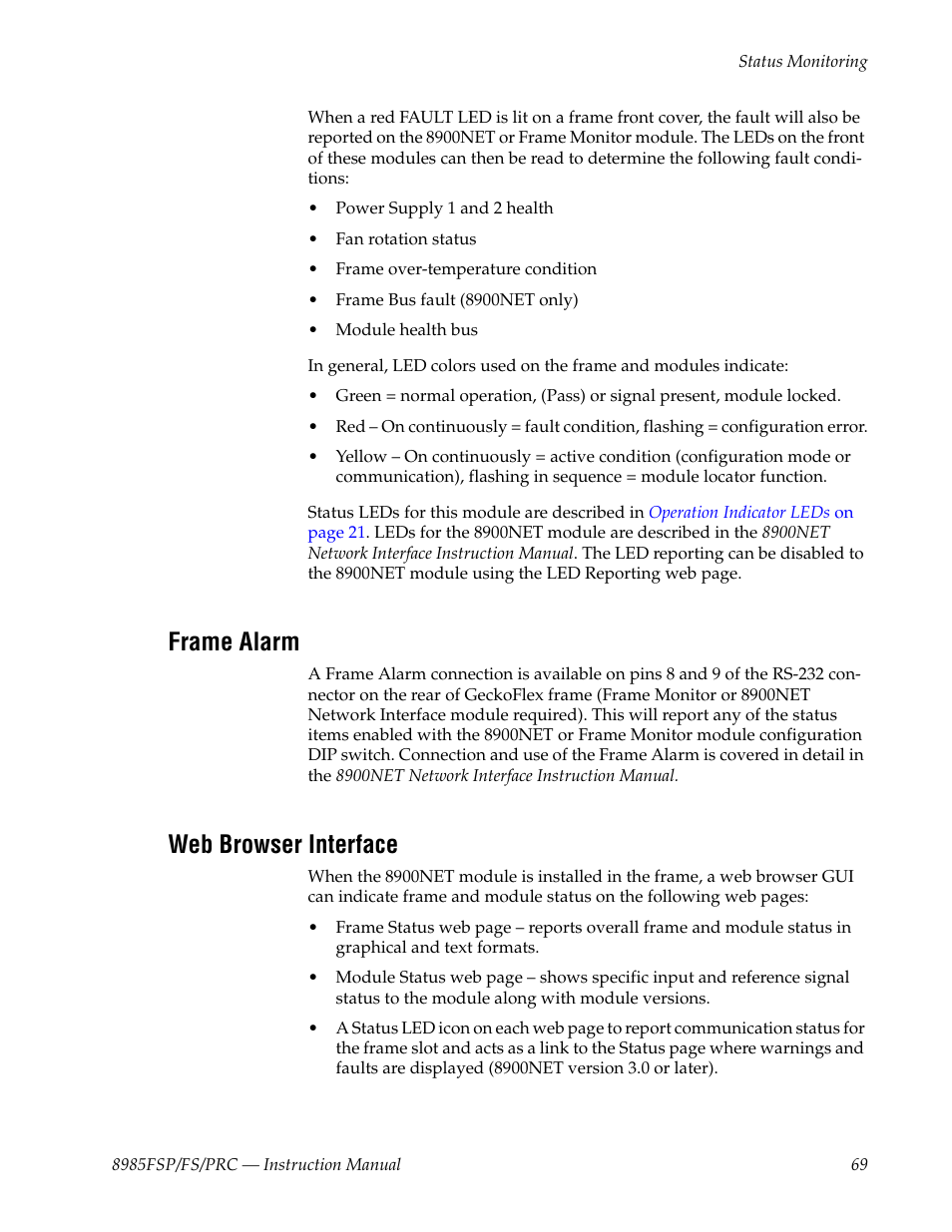 Frame alarm, Web browser interface | Grass Valley 8985FS v.1.2.0 User Manual | Page 69 / 84