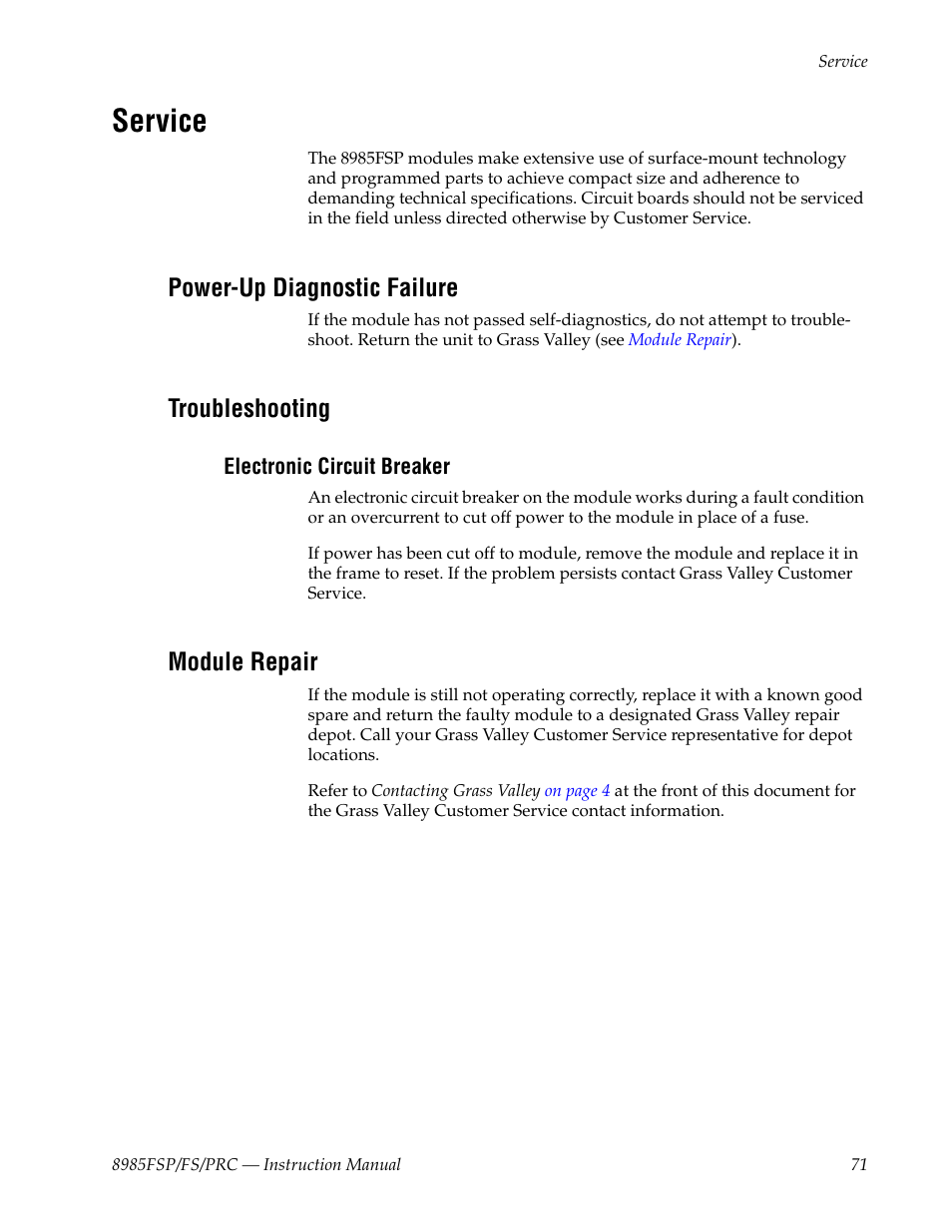 Service, Power-up diagnostic failure, Troubleshooting | Electronic circuit breaker, Module repair | Grass Valley 8985FS v.1.2.0 User Manual | Page 71 / 84