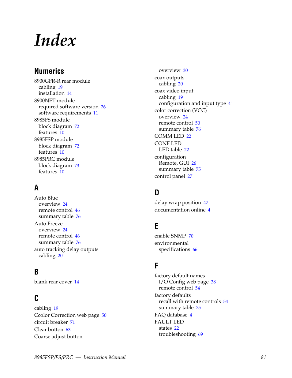 Index, Numerics | Grass Valley 8985FS v.1.2.0 User Manual | Page 81 / 84