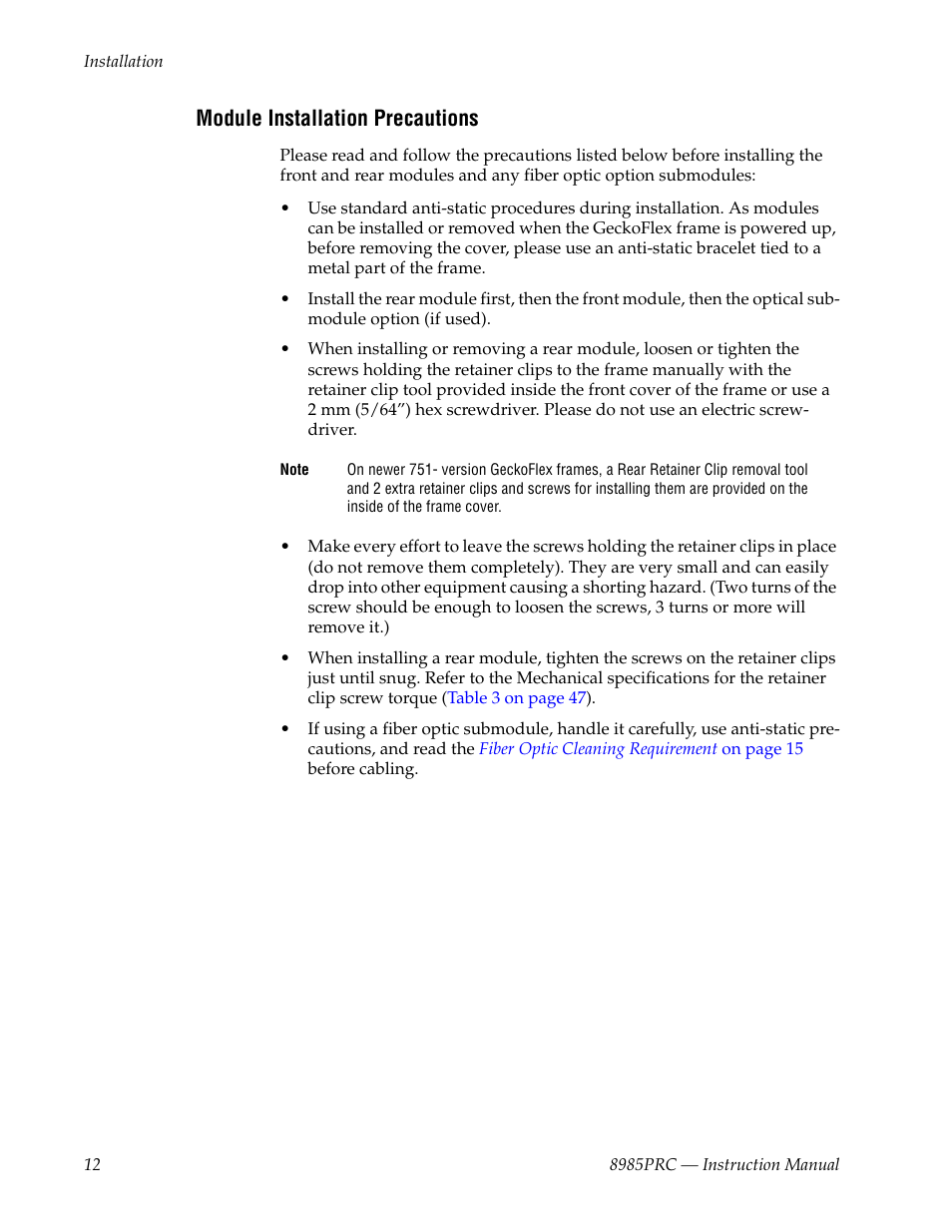 Module installation precautions | Grass Valley 8985PRC v.1.1.0 User Manual | Page 12 / 60