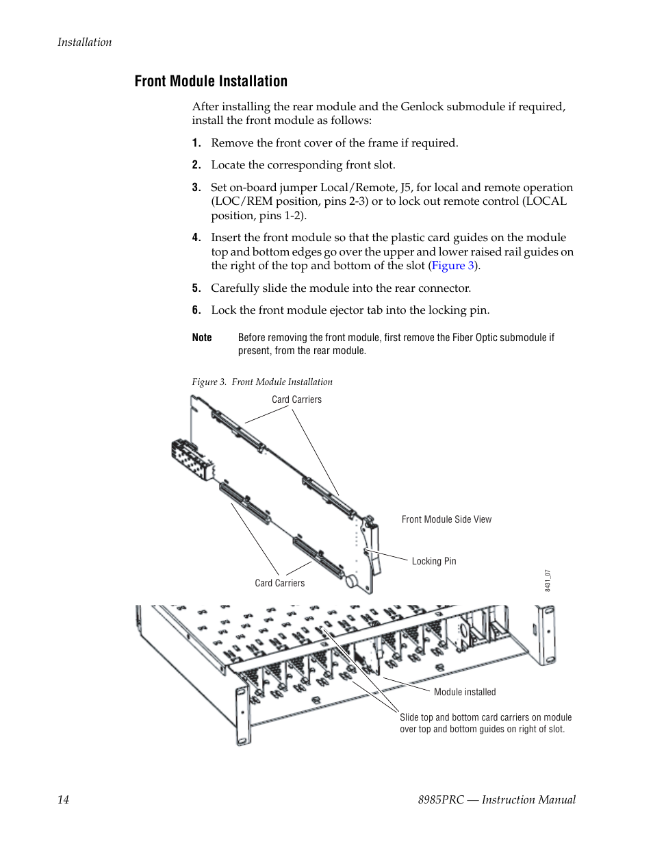 Front module installation | Grass Valley 8985PRC v.1.1.0 User Manual | Page 14 / 60