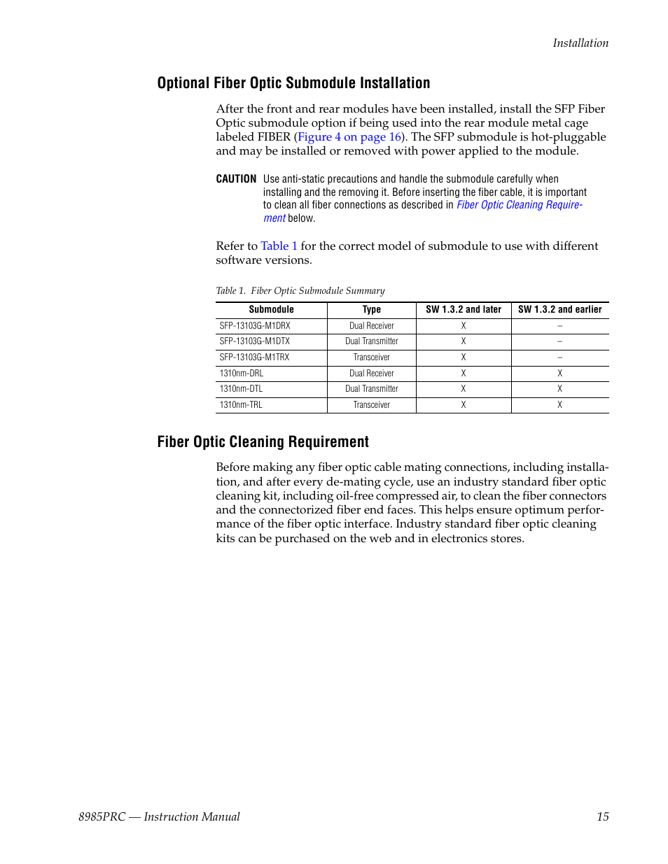 Optional fiber optic submodule installation, Fiber optic cleaning requirement, Ad the | Grass Valley 8985PRC v.1.1.0 User Manual | Page 15 / 60