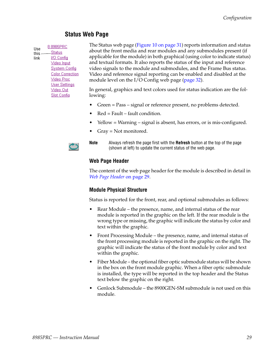 Status web page | Grass Valley 8985PRC v.1.1.0 User Manual | Page 29 / 60