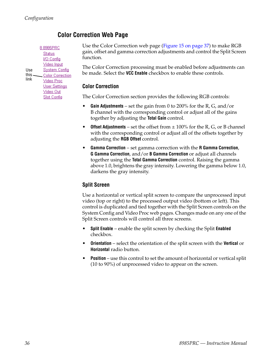 Color correction web page | Grass Valley 8985PRC v.1.1.0 User Manual | Page 36 / 60