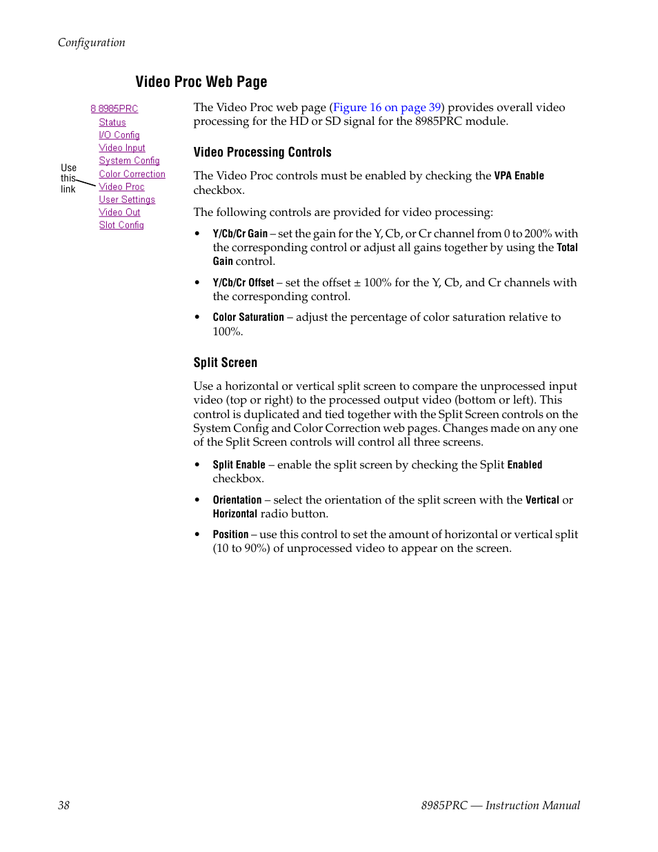 Video proc web page | Grass Valley 8985PRC v.1.1.0 User Manual | Page 38 / 60