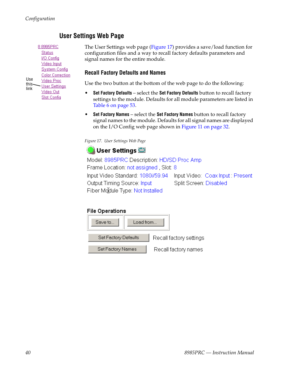Recall factory defaults and names on, User settings web page | Grass Valley 8985PRC v.1.1.0 User Manual | Page 40 / 60