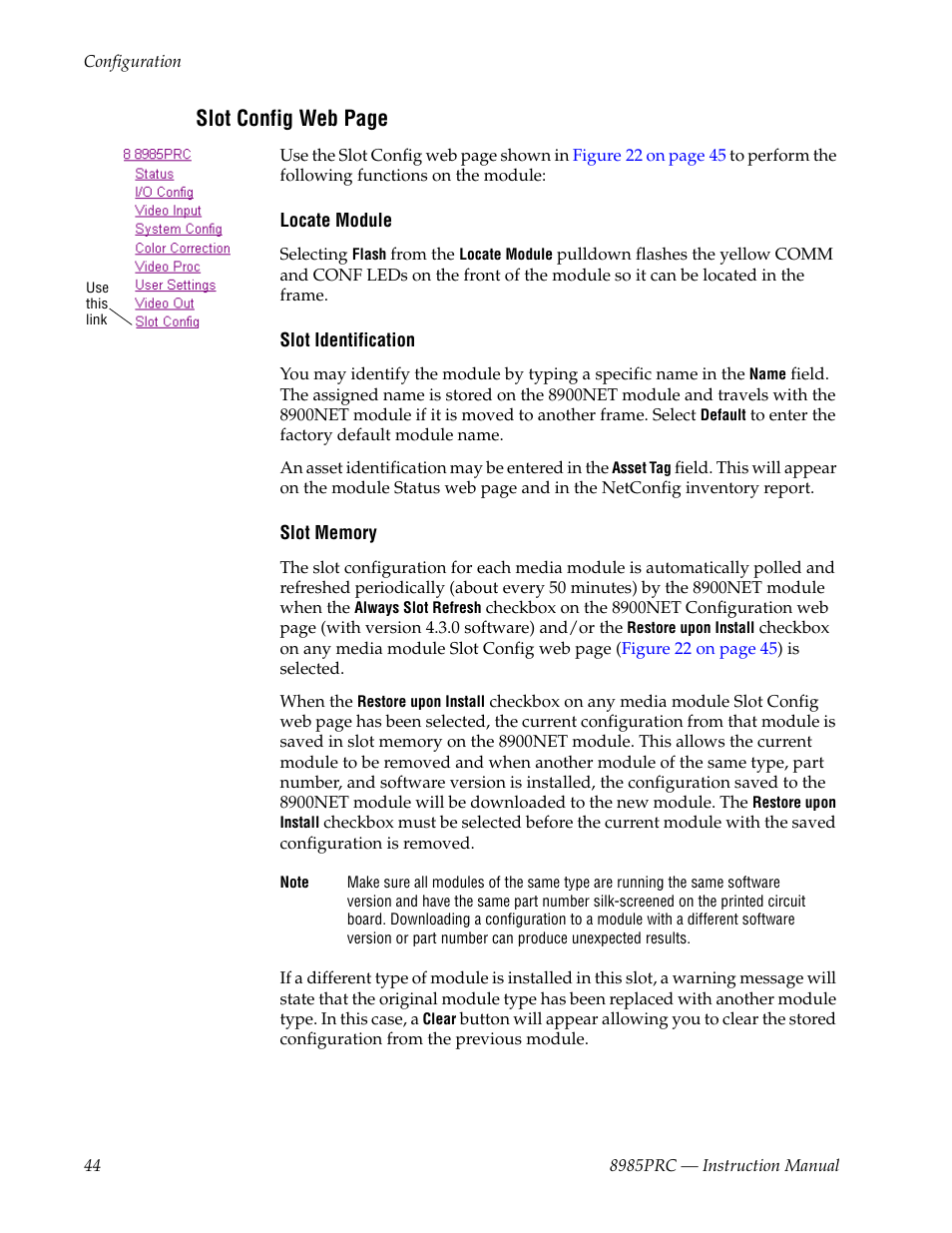 Slot config web page | Grass Valley 8985PRC v.1.1.0 User Manual | Page 44 / 60