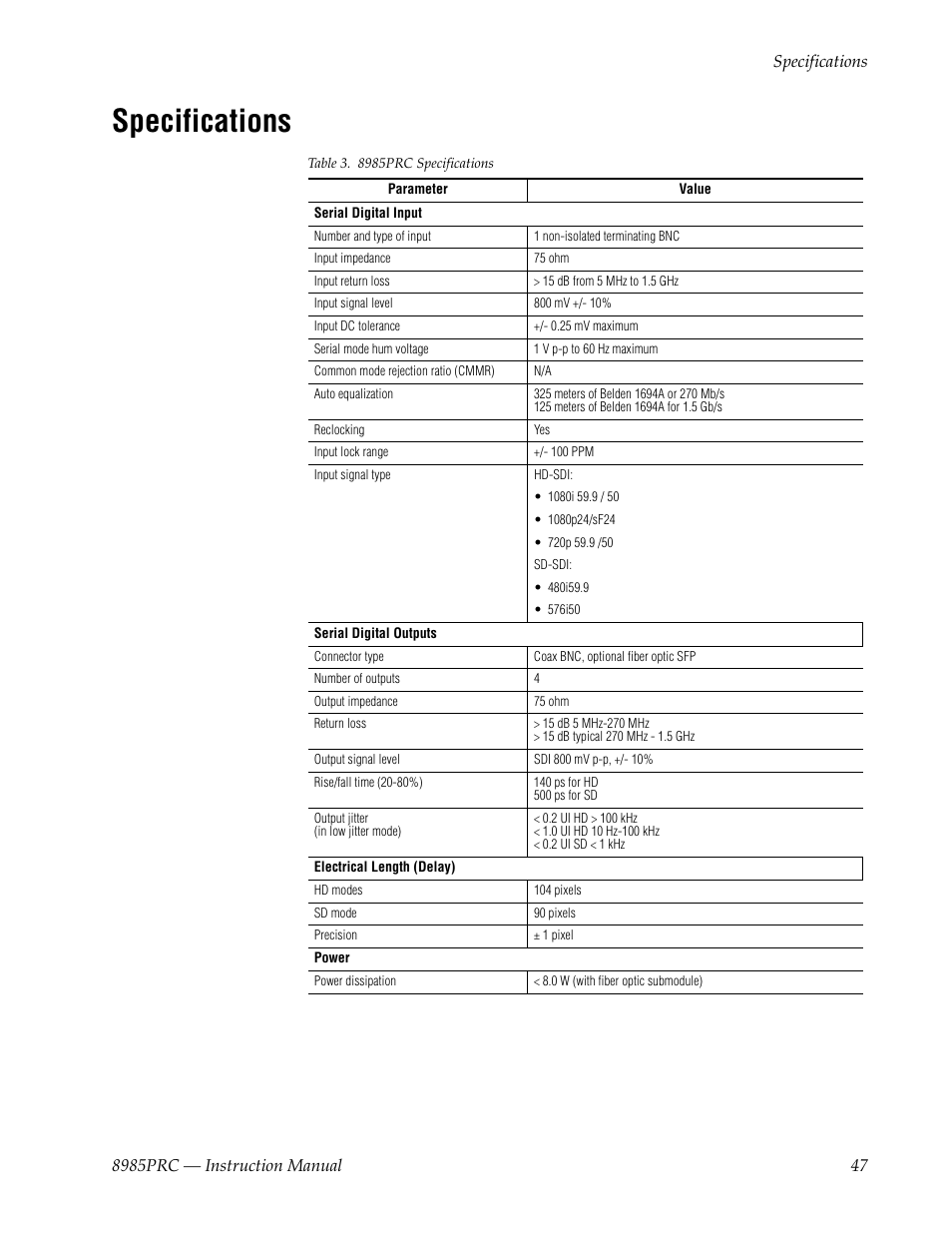 Specifications | Grass Valley 8985PRC v.1.1.0 User Manual | Page 47 / 60