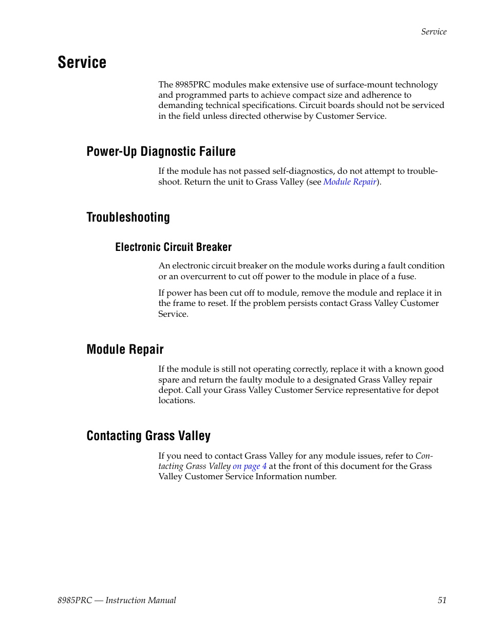 Service, Power-up diagnostic failure, Troubleshooting | Electronic circuit breaker, Module repair, Contacting grass valley | Grass Valley 8985PRC v.1.1.0 User Manual | Page 51 / 60
