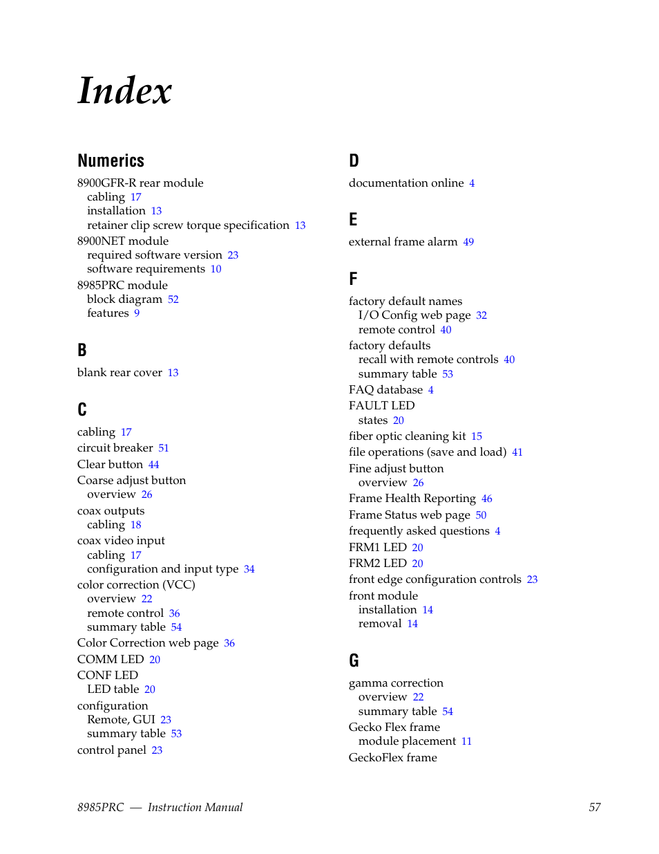 Index, Numerics | Grass Valley 8985PRC v.1.1.0 User Manual | Page 57 / 60
