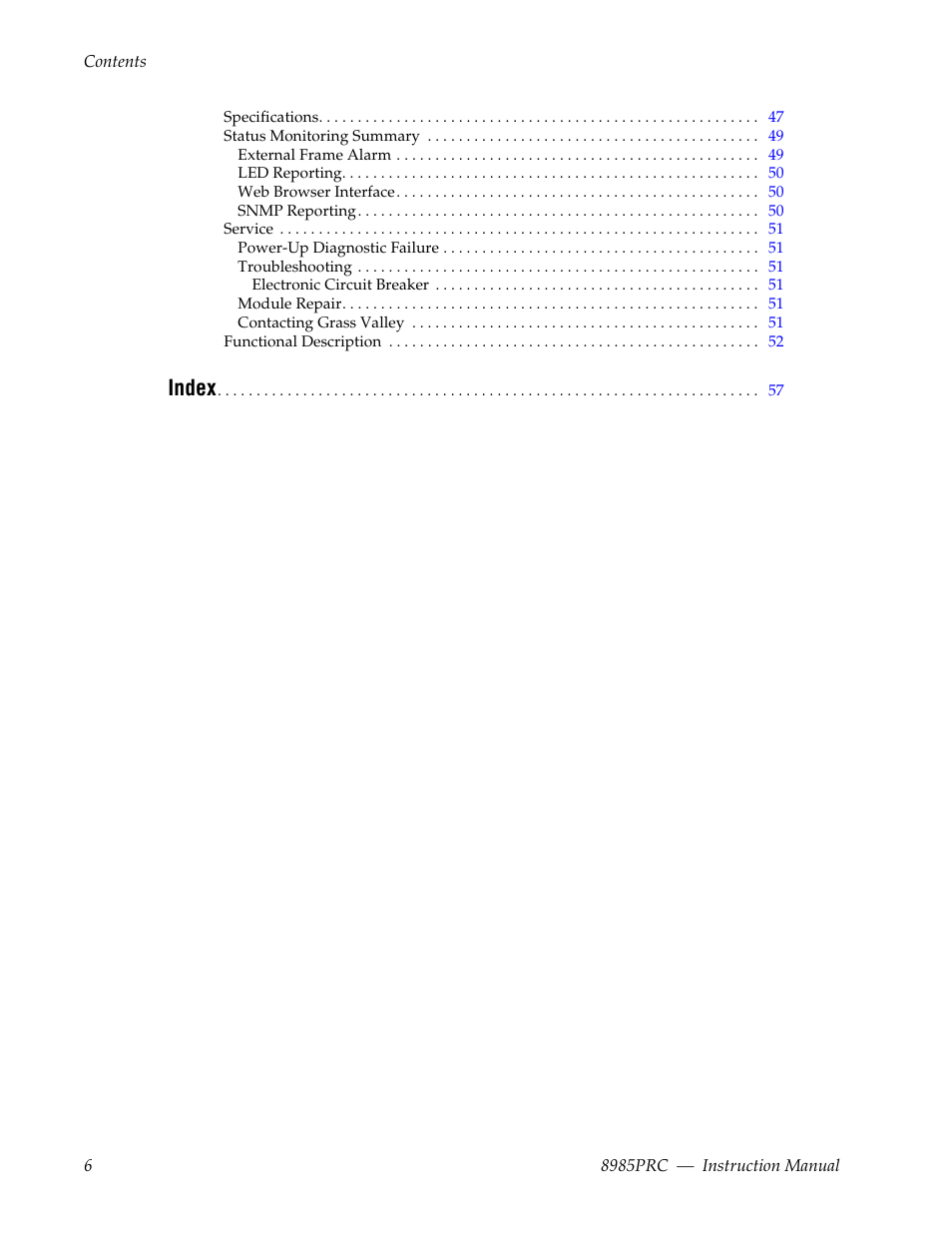 Index | Grass Valley 8985PRC v.1.1.0 User Manual | Page 6 / 60