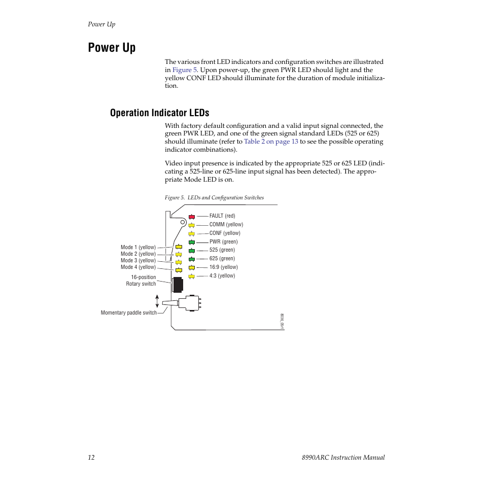 Power up, Operation indicator leds | Grass Valley 8990ARC v.3.0 User Manual | Page 12 / 56