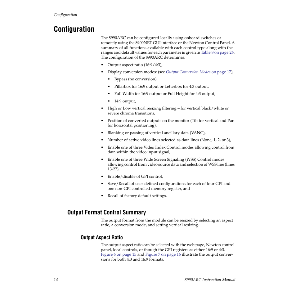 Configuration, Output format control summary, Output aspect ratio | Grass Valley 8990ARC v.3.0 User Manual | Page 14 / 56