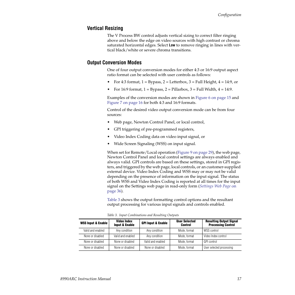 Vertical resizing, Output conversion modes, Isplay conversion modes: (see | Grass Valley 8990ARC v.3.0 User Manual | Page 17 / 56