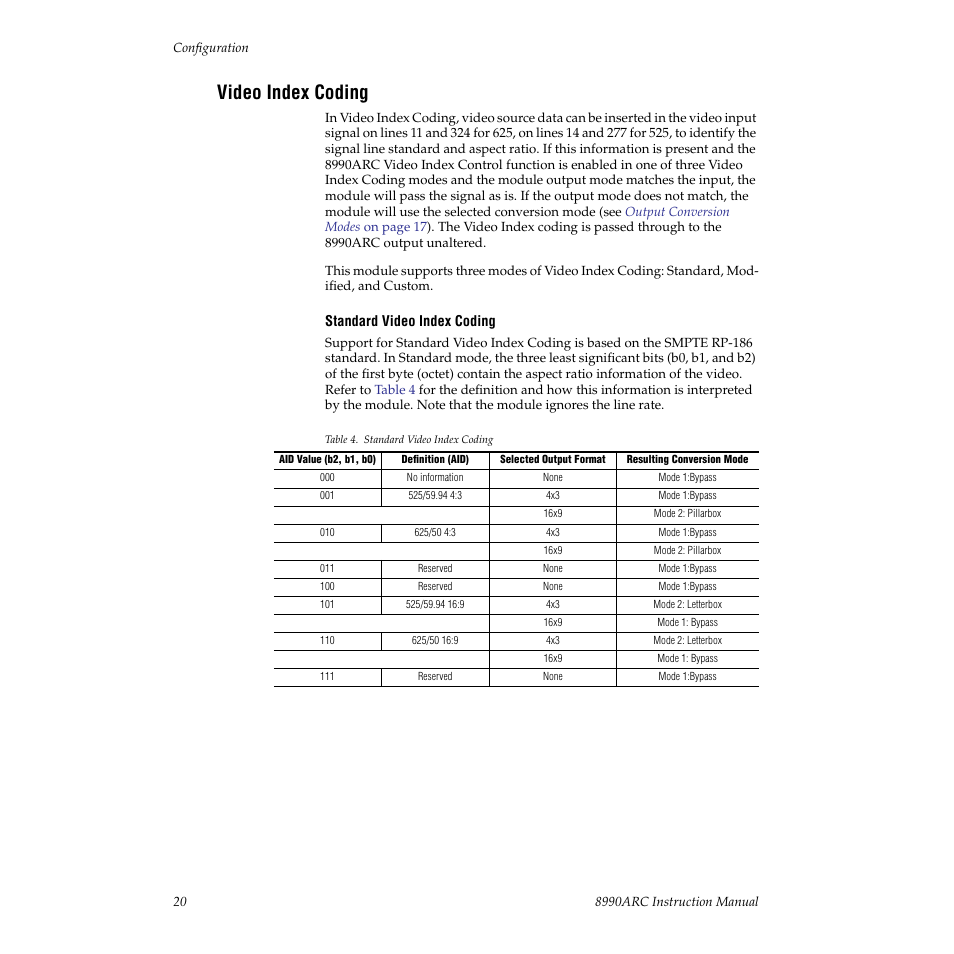 Video index coding | Grass Valley 8990ARC v.3.0 User Manual | Page 20 / 56