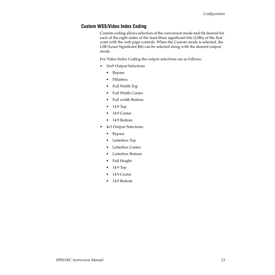 Custom wss/video index coding | Grass Valley 8990ARC v.3.0 User Manual | Page 23 / 56