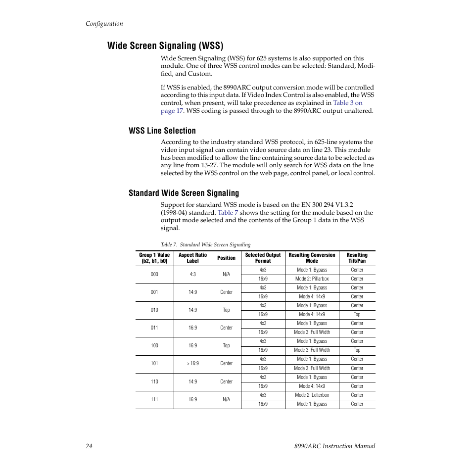 Wide screen signaling (wss), Wss line selection, Standard wide screen signaling | Grass Valley 8990ARC v.3.0 User Manual | Page 24 / 56