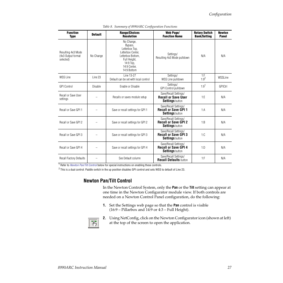 Newton pan/tilt control | Grass Valley 8990ARC v.3.0 User Manual | Page 27 / 56